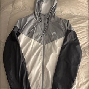 Nike Gray and White Windbreaker Jacket with Hood